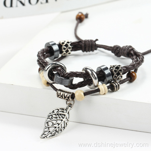 Handmade Weaved Alloy Leaf Pendant Leather Bracelet Men